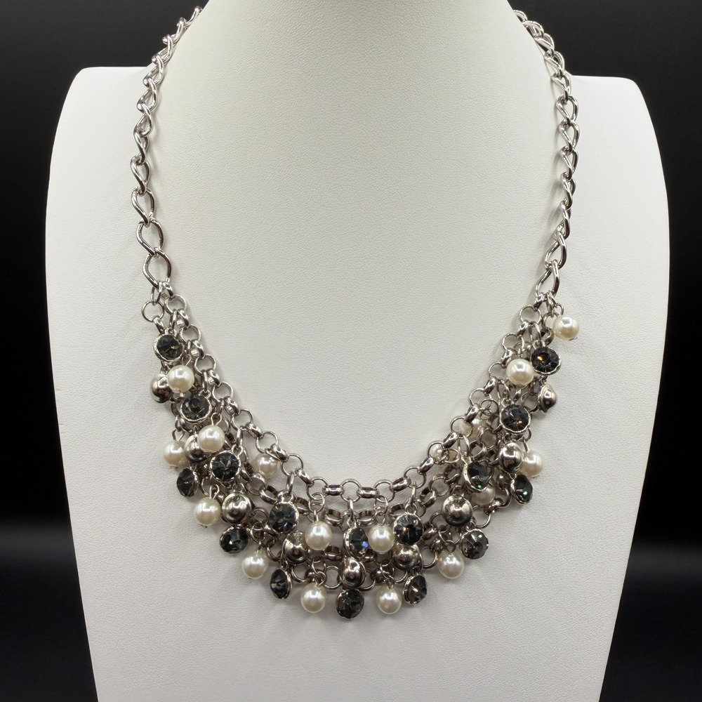 Silver Tone Faux Pearl Smoky Rhinestone Multi Chain Bib Statement Necklace Glam